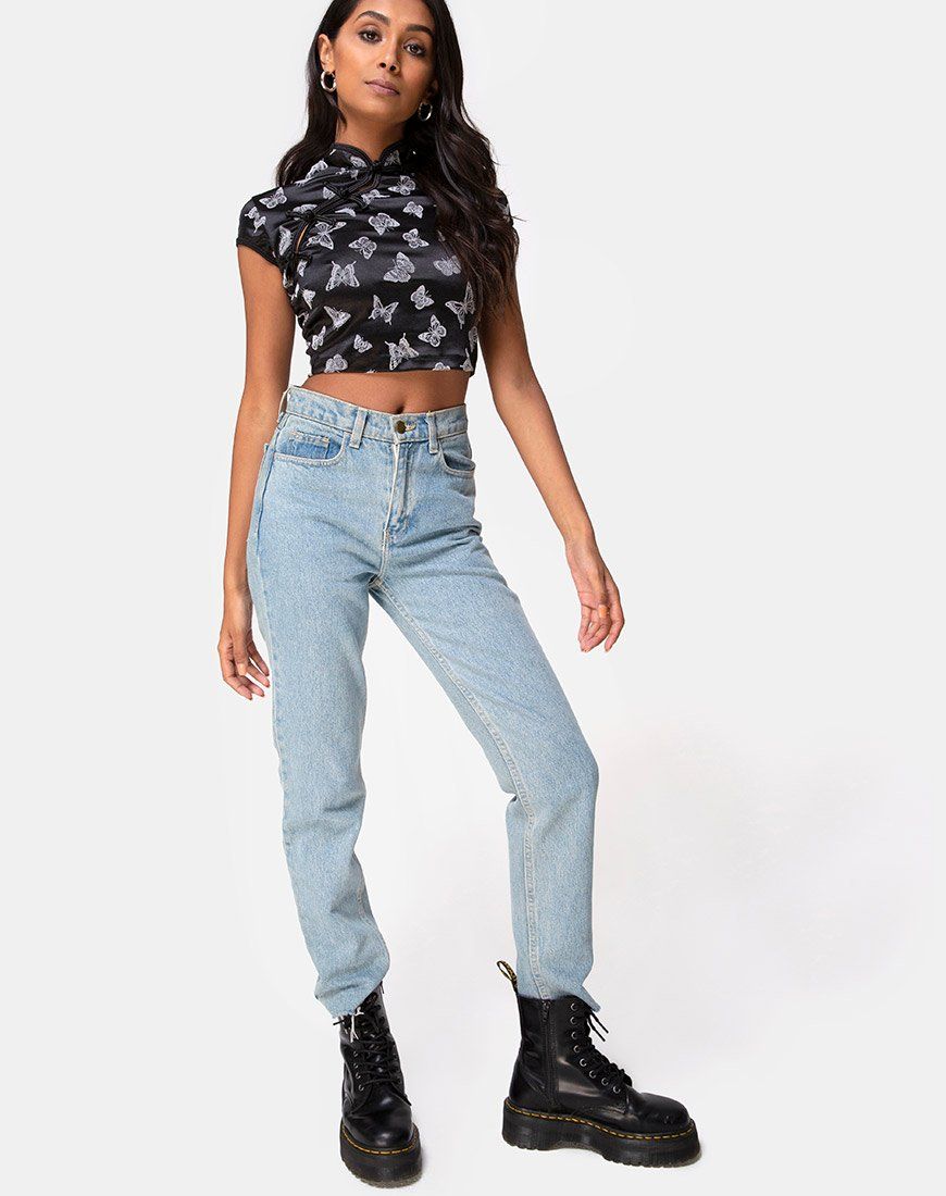 Jakina Crop Top in Black Butterfly Flock sold by Motel Rocks product image thumbnail 3
