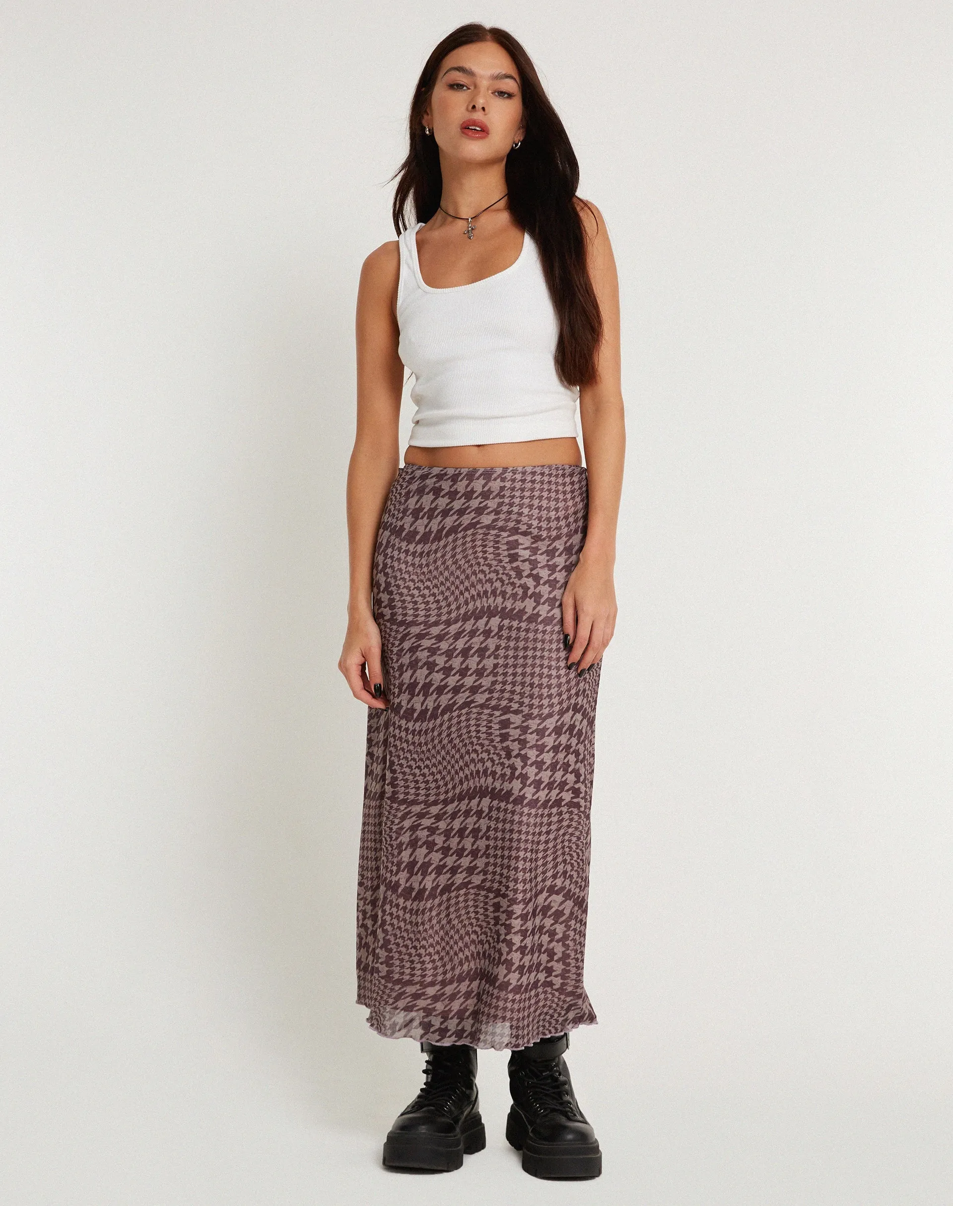 Lassie Printed Mesh Maxi Skirt in Warped Houndstooth Brown sold by Motel Rocks product image thumbnail 4