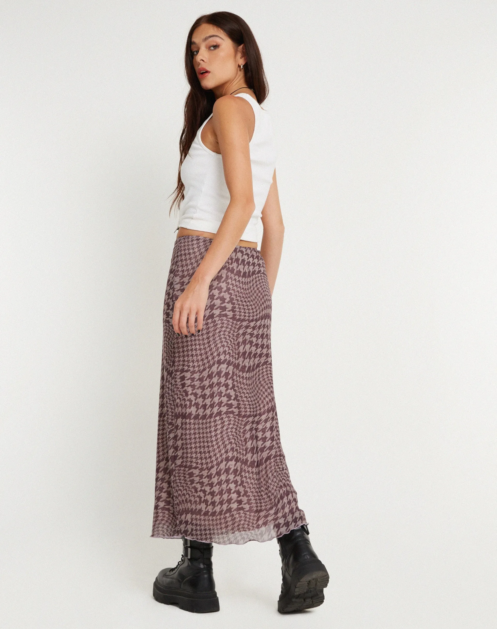 Lassie Printed Mesh Maxi Skirt in Warped Houndstooth Brown sold by Motel Rocks product image thumbnail 3
