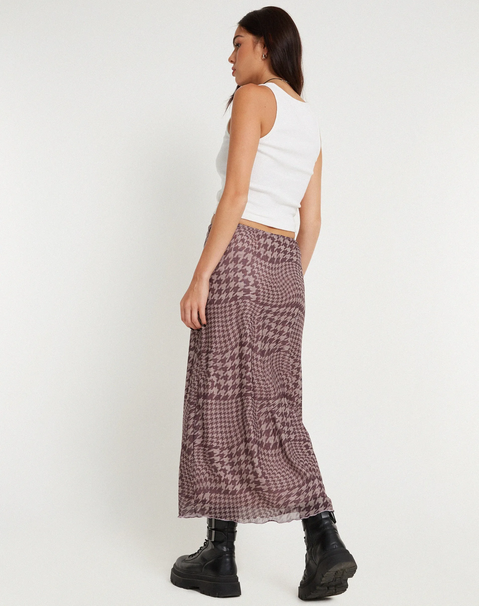 Lassie Printed Mesh Maxi Skirt in Warped Houndstooth Brown sold by Motel Rocks product image thumbnail 5