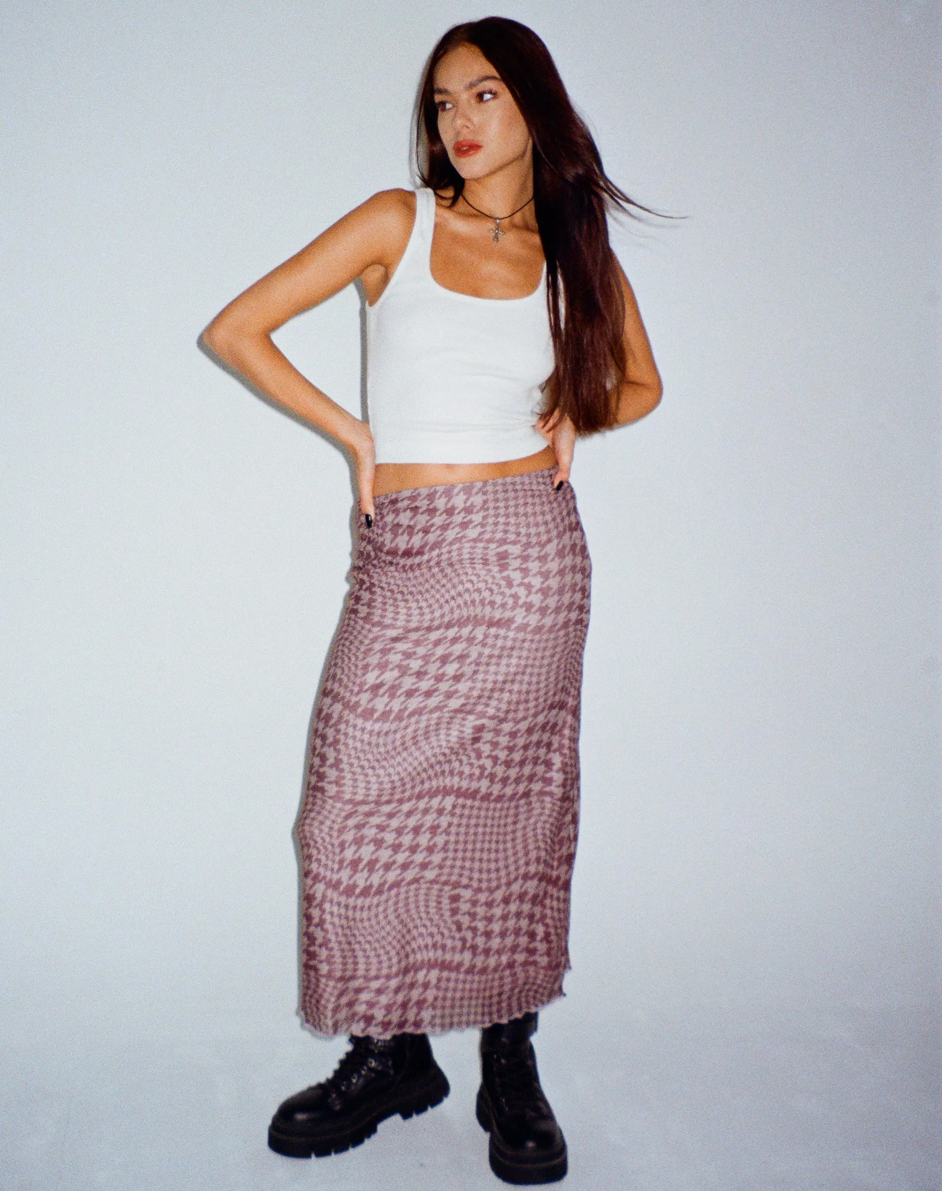 Lassie Printed Mesh Maxi Skirt in Warped Houndstooth Brown sold by Motel Rocks