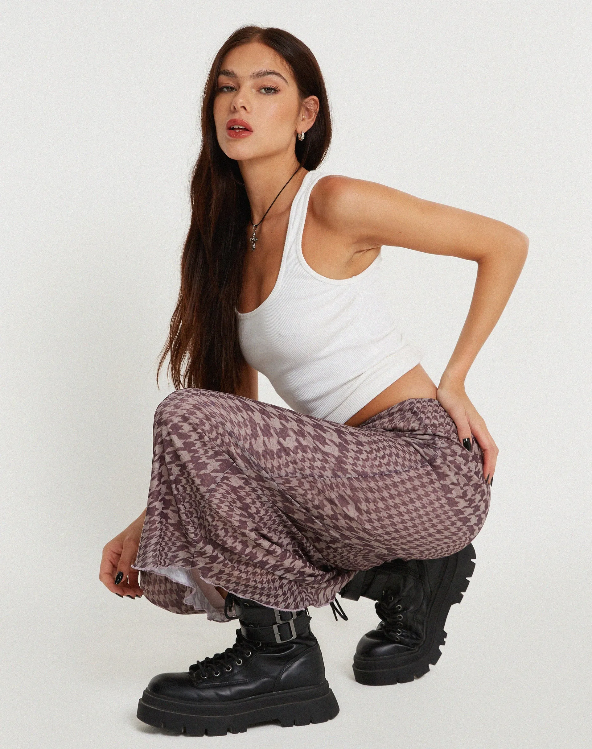 Lassie Printed Mesh Maxi Skirt in Warped Houndstooth Brown sold by Motel Rocks product image thumbnail 2