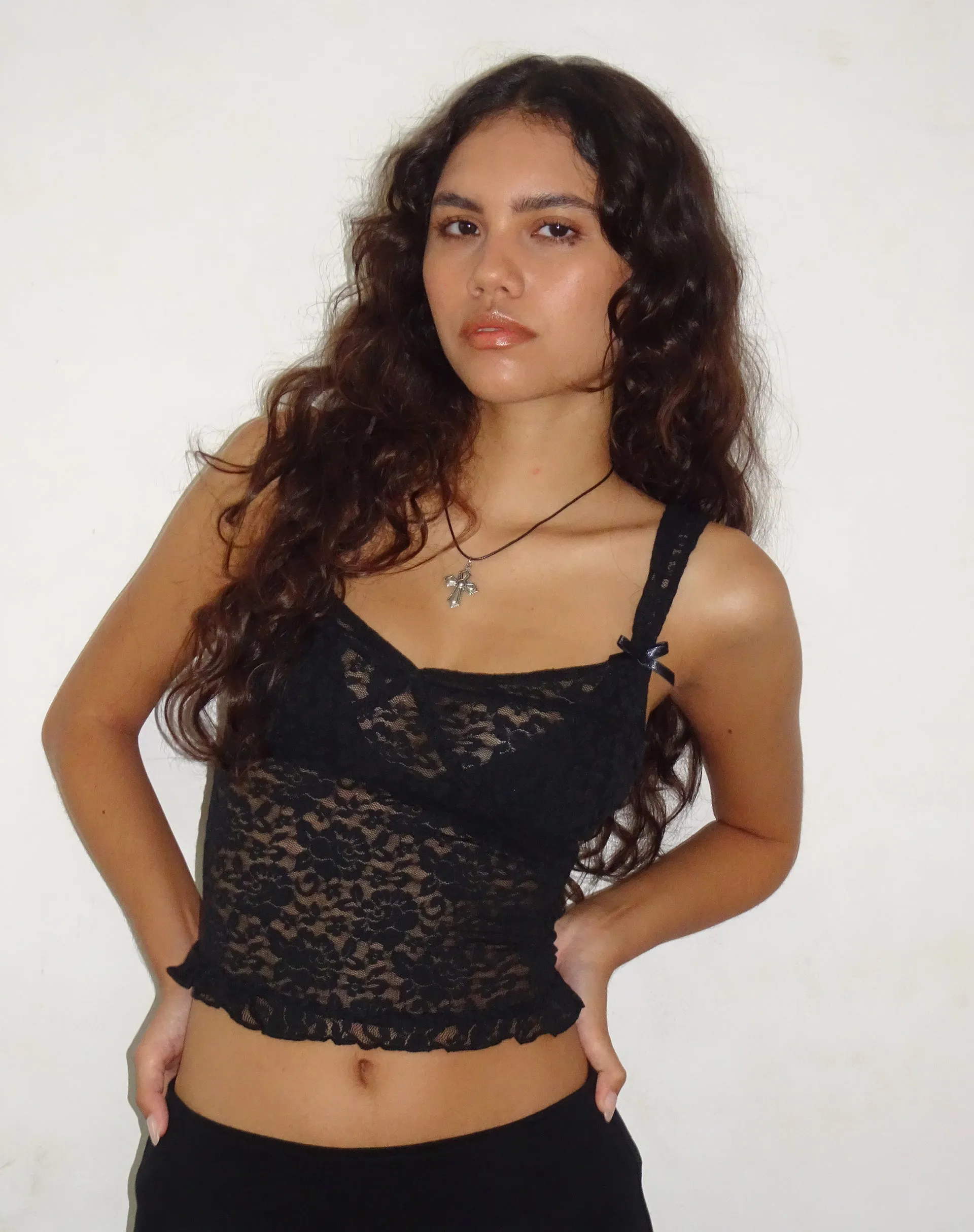 Brietta Unlined Corset Top in Rose Lace Black sold by Motel Rocks