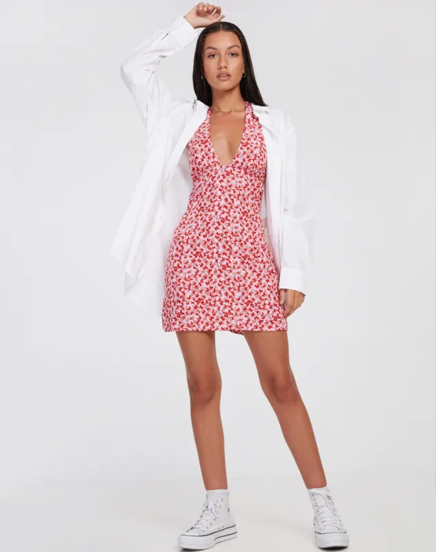 Leana Mini Dress in Ditsy Butterfly Peach and Red sold by Motel Rocks