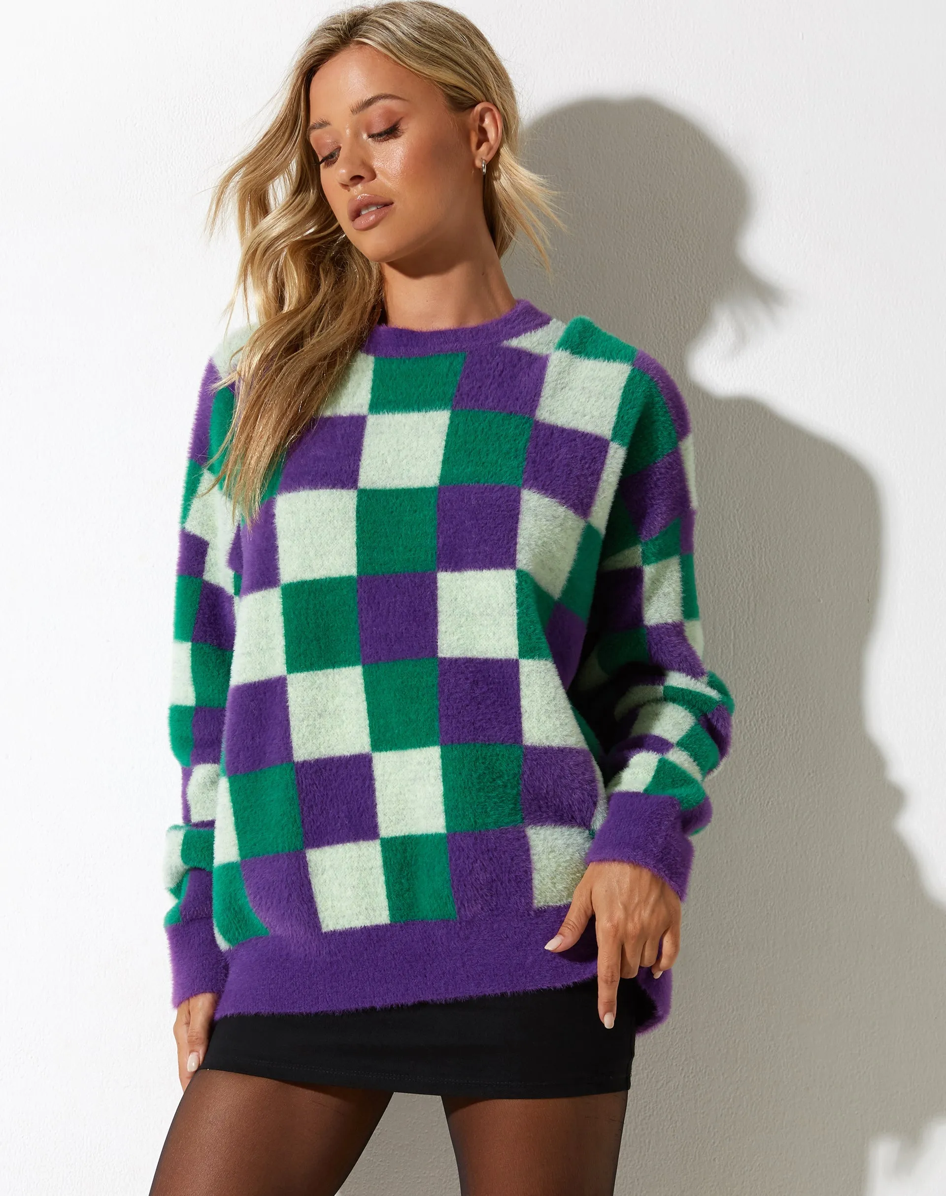 Namari Jumper in Check Green Purple sold by Motel Rocks