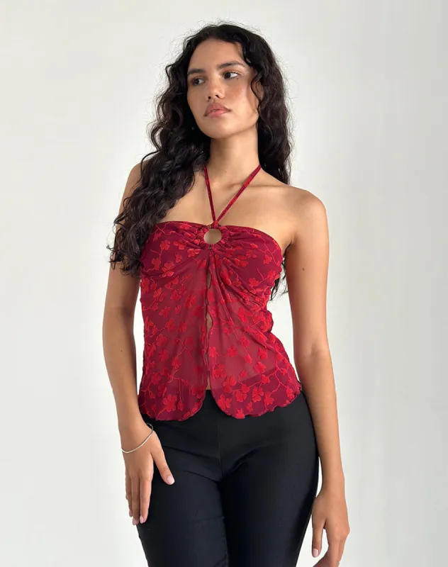 Janar Halterneck Top in Grunge Flower Flock Red sold by Motel Rocks