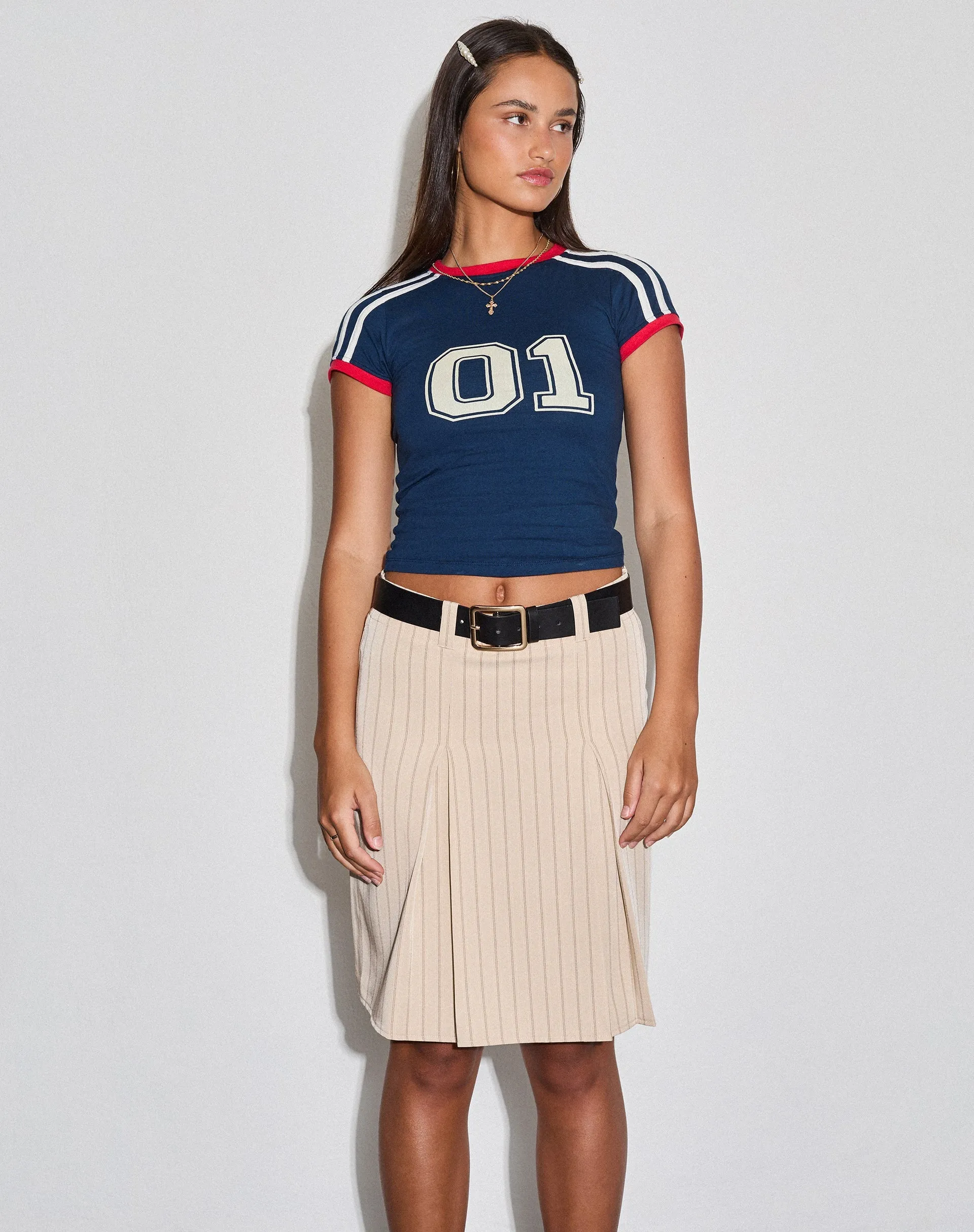 Lia Pleated Midi Skirt in Tailoring Tan Pinstripe sold by Motel Rocks product image thumbnail 2