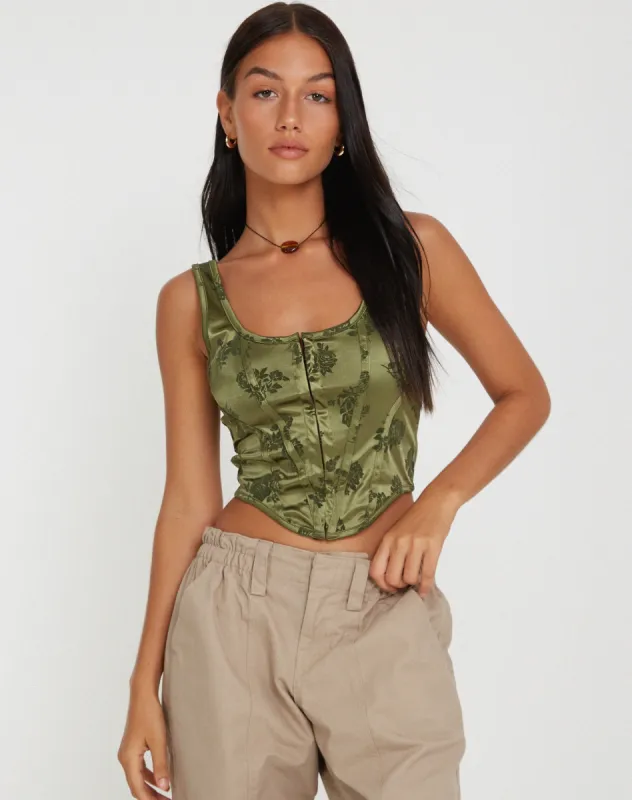 Elciva Corset Top in Rose Flock Loden Green sold by Motel Rocks