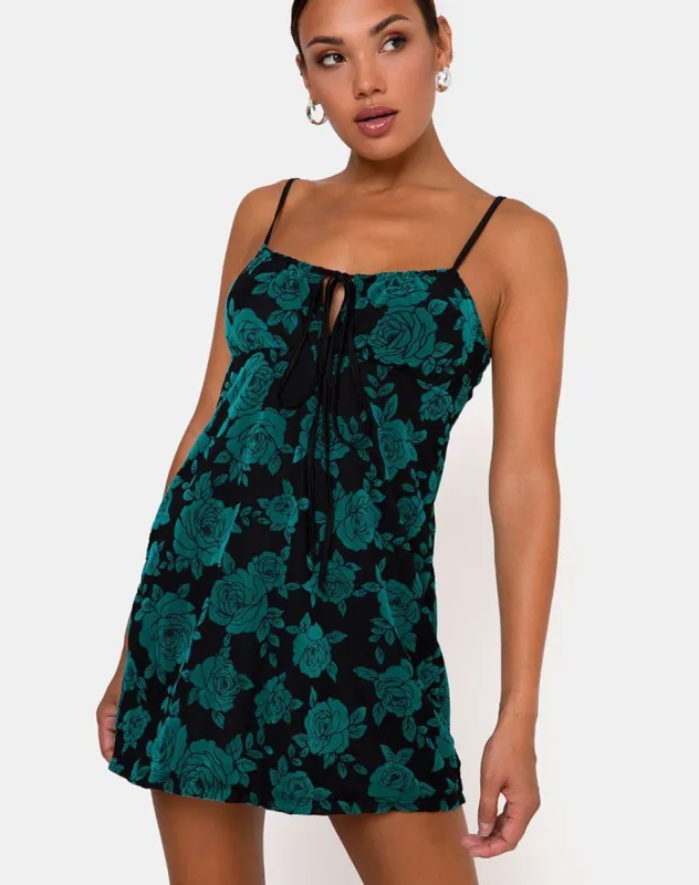 Kumala Dress in Romantic Rose Flock Teal sold by Motel Rocks