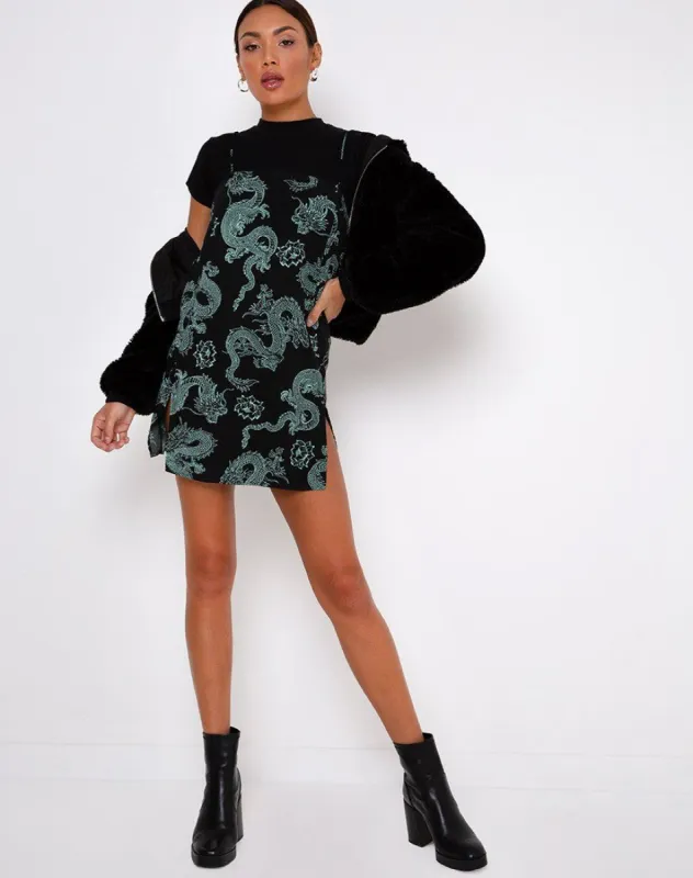 Tista Dress in Dragon Flower Black and Mint sold by Motel Rocks