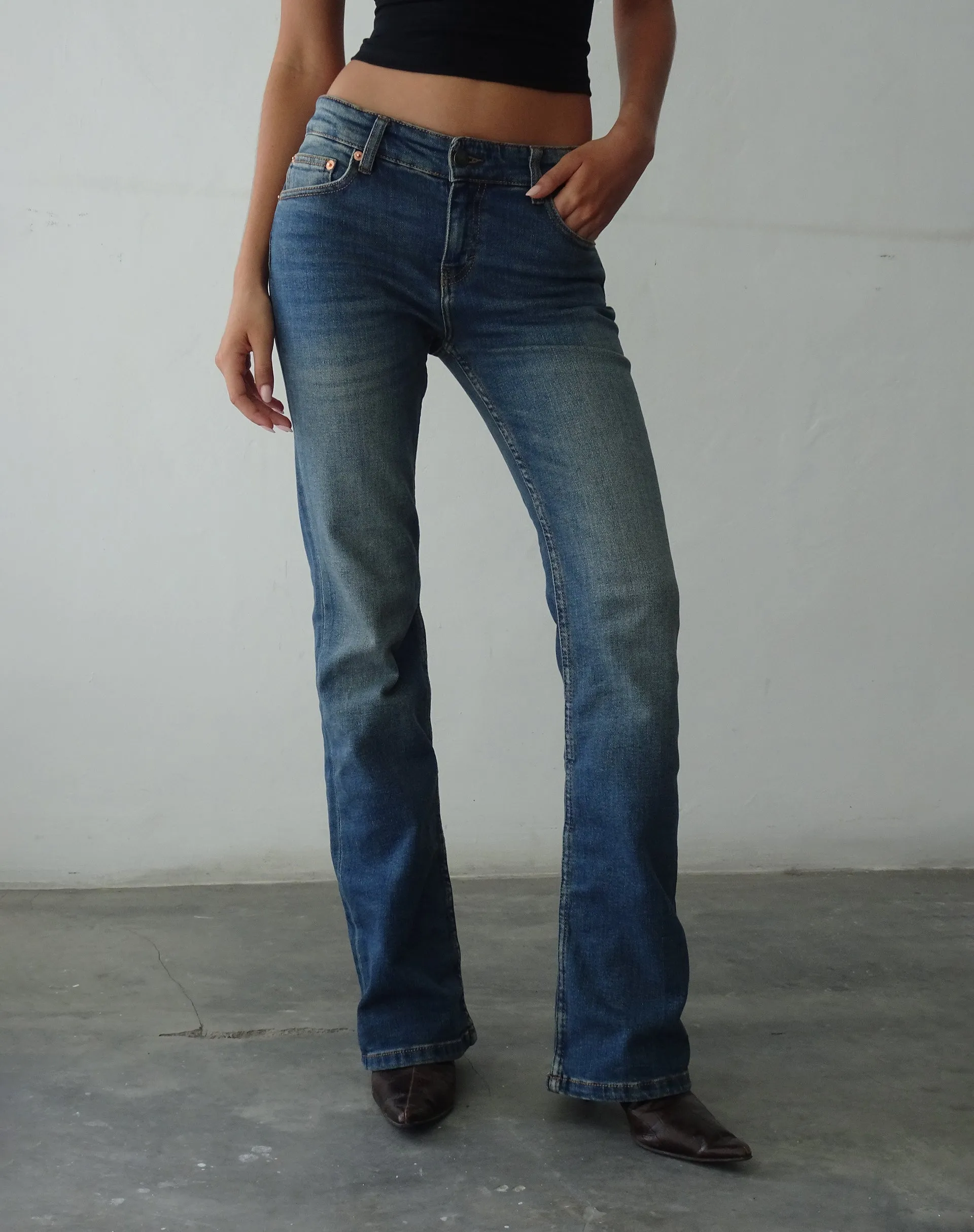 Low Rise Bootleg Jeans in Mid Vintage Blue sold by Motel Rocks