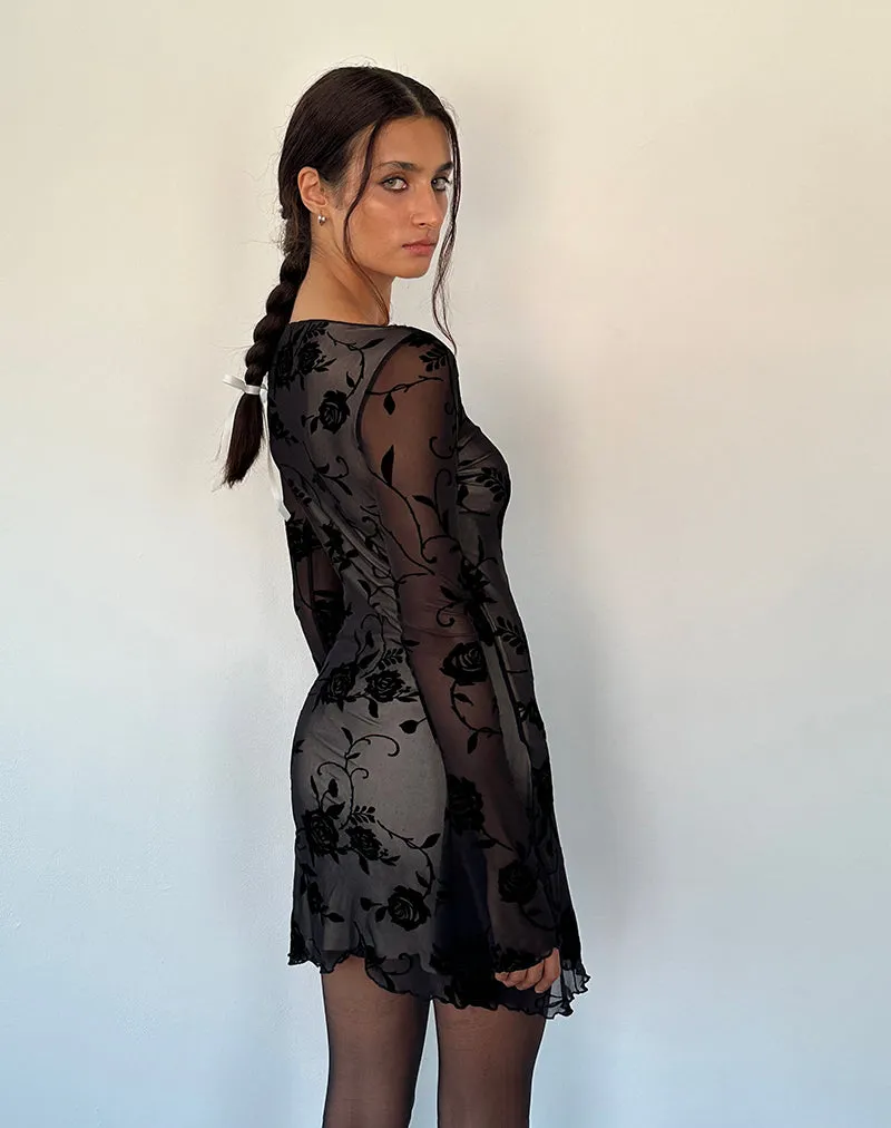 Sevila Long Sleeve Mini Dress in Black Rose Flock sold by Motel Rocks product image thumbnail 3
