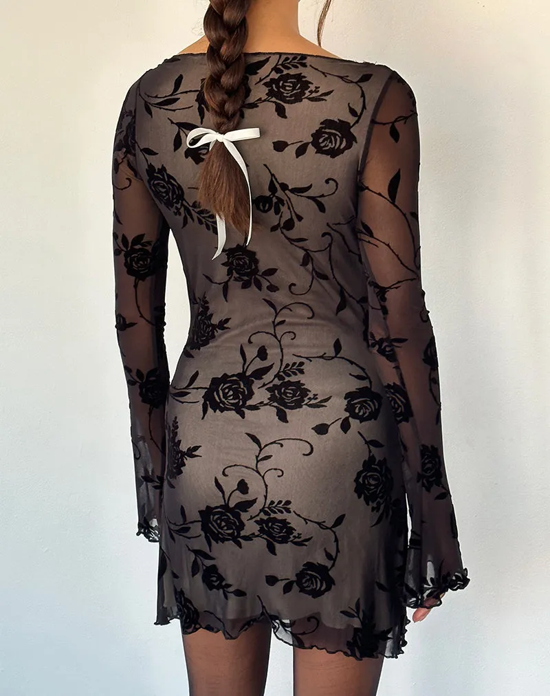 Sevila Long Sleeve Mini Dress in Black Rose Flock sold by Motel Rocks product image thumbnail 4