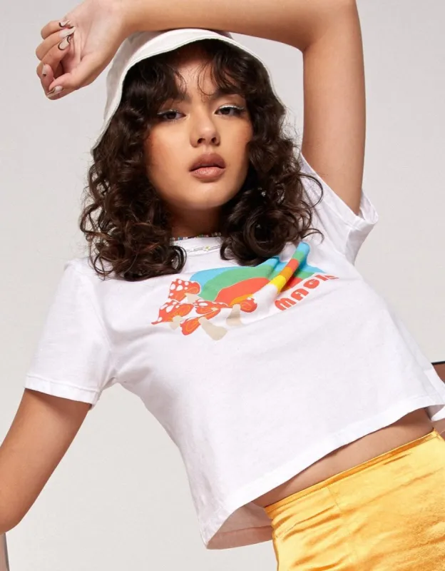 Shrunk Tee in White Magic Rainbow Mushroom sold by Motel Rocks