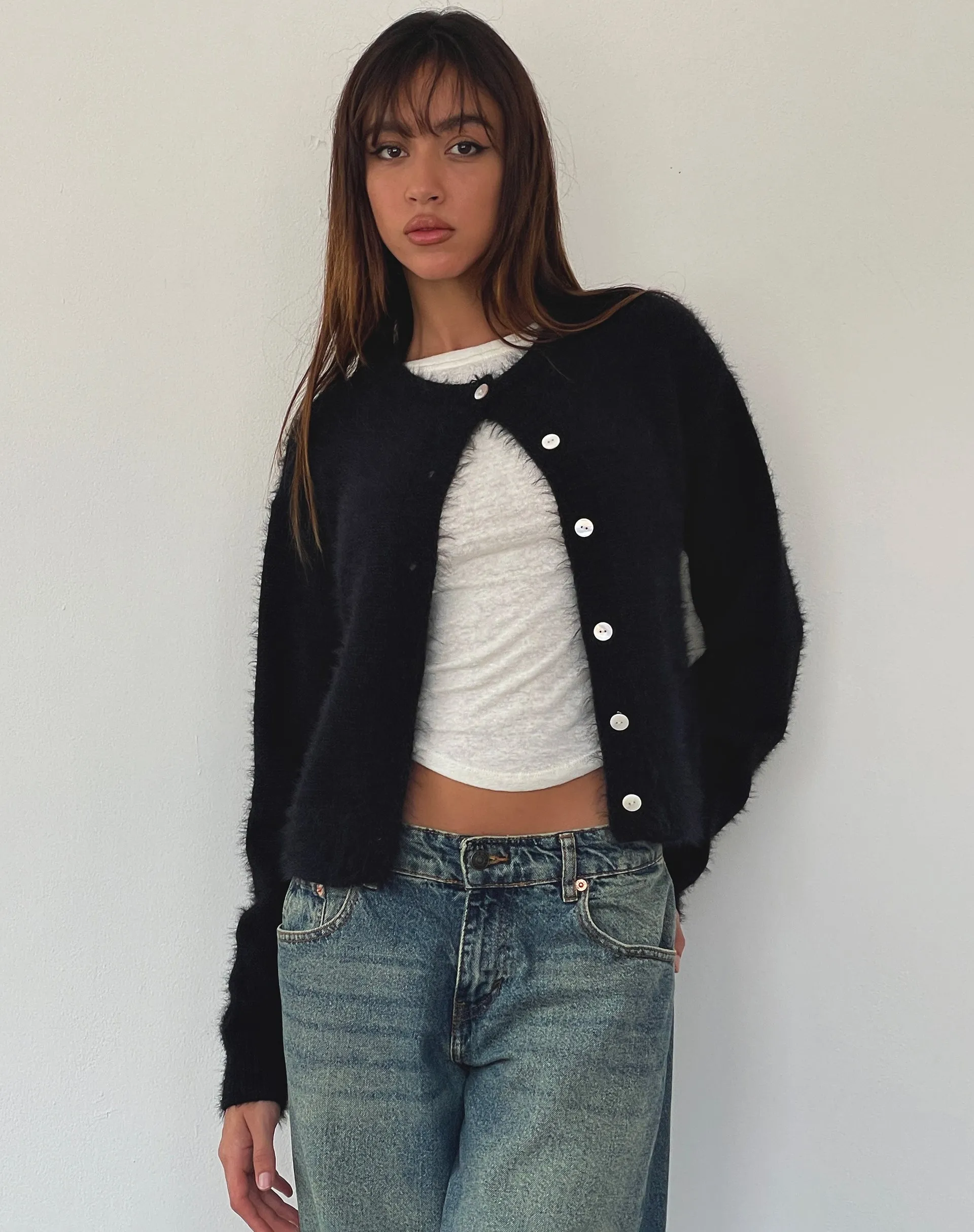 Audrina Cardigan in Fluffy Knit Black sold by Motel Rocks product image thumbnail 5