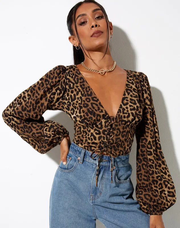 Romina Top in Night Leopard Brown sold by Motel Rocks