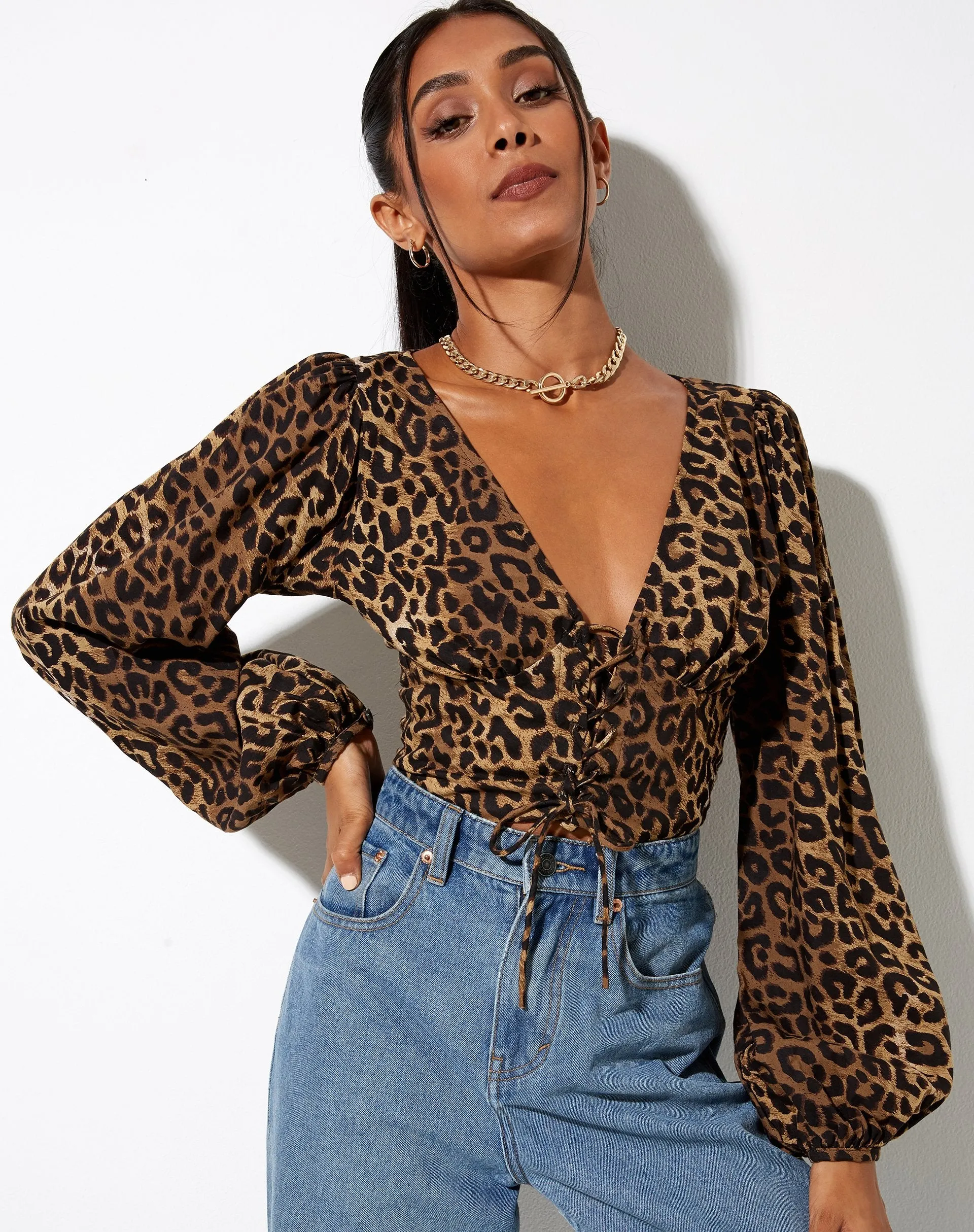 Romina Top in Night Leopard Brown sold by Motel Rocks