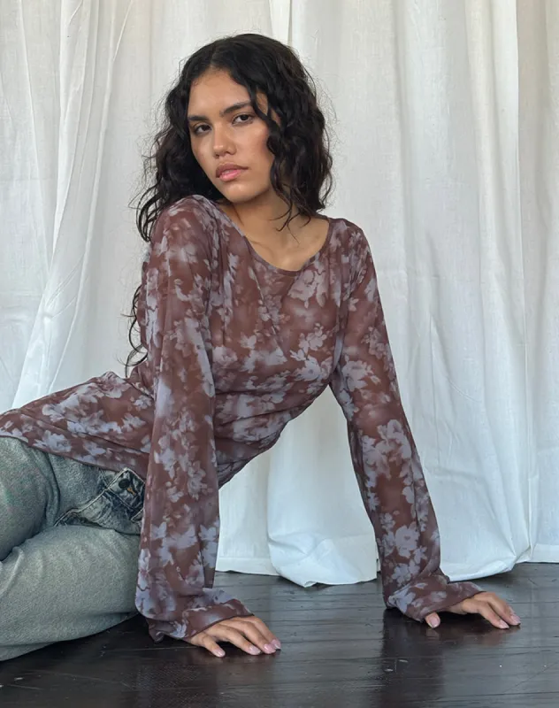 Arcelia Long Sleeve Mesh Top in Botanical Shadow Brown sold by Motel Rocks