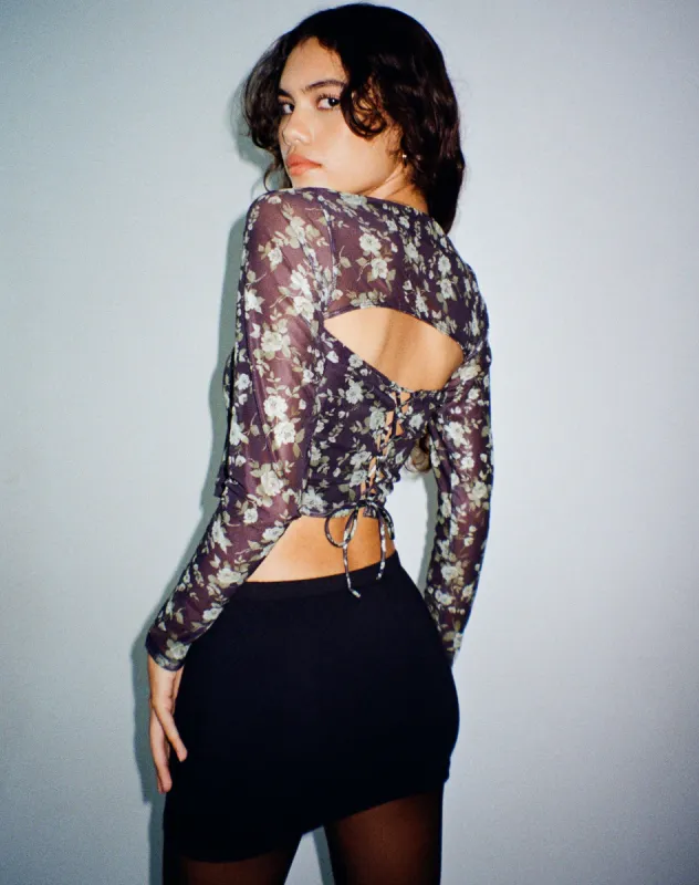 Kalula Printed Long Sleeve Crop Top in Pretty Floral Green sold by Motel Rocks