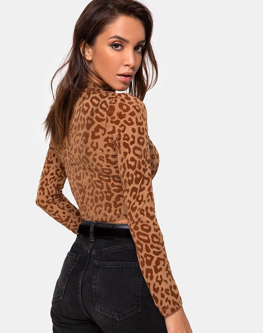 Lara Crop Top in Animal Flock Tan Brown sold by Motel Rocks product image thumbnail 2
