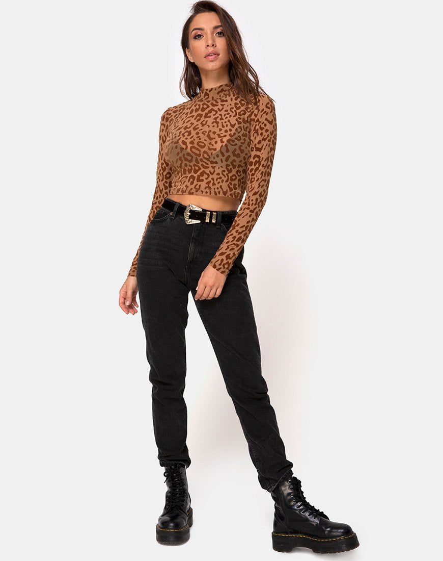 Lara Crop Top in Animal Flock Tan Brown sold by Motel Rocks product image thumbnail 3