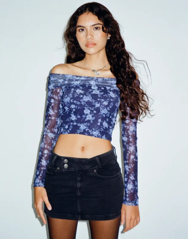 Nagini Long Sleeve Bardot Top in Pretty Floral Navy sold by Motel Rocks