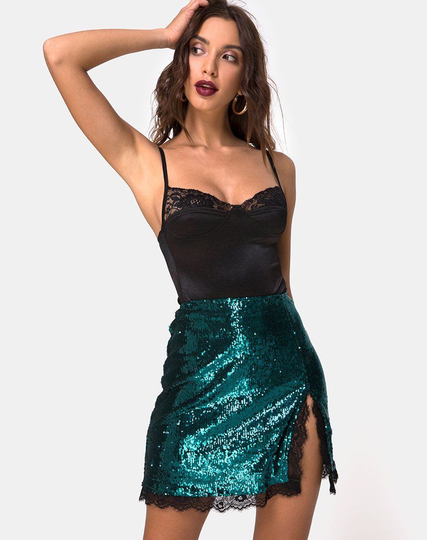 Lena Skirt in Mini Sequin Teal with Black Lace sold by Motel Rocks