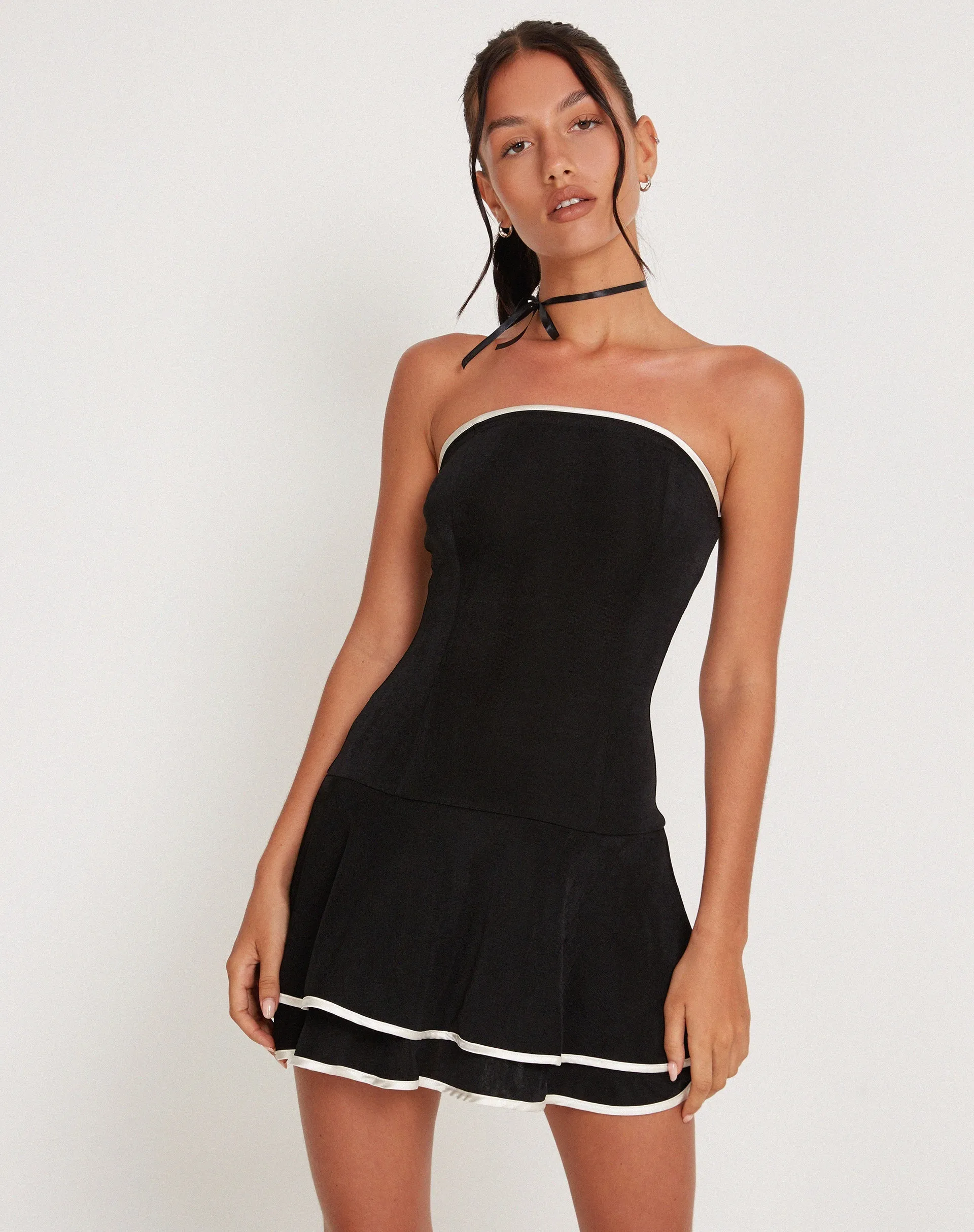Samira Bandeau Mini Dress in Black with Ivory Binding sold by Motel Rocks product image thumbnail 3