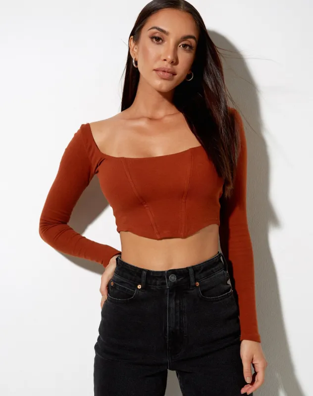 Elcaca Crop Top in Rib Bombay Brown sold by Motel Rocks