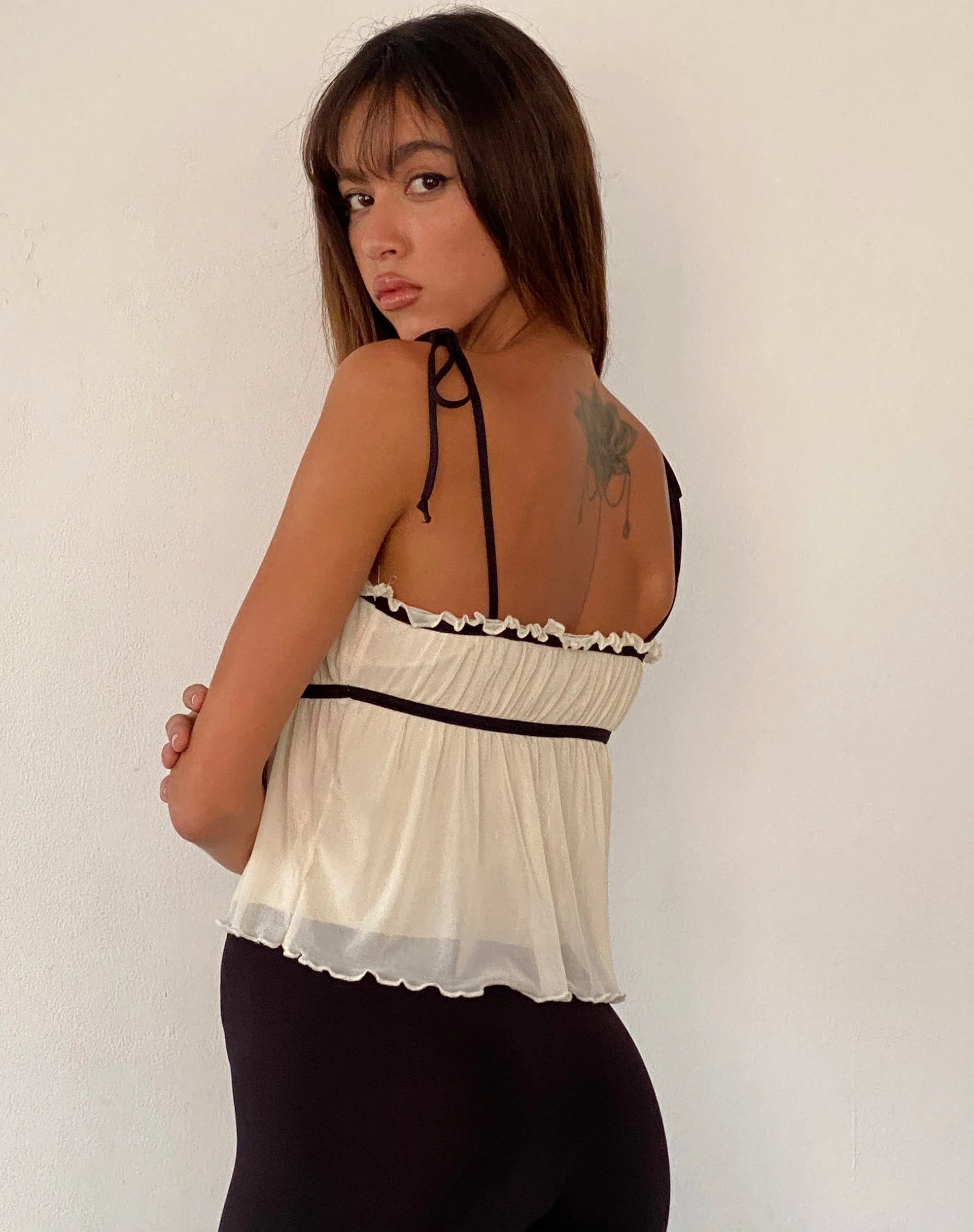 Damaris Frill Cami Top in Cream with Black Centre Bow sold by Motel Rocks product image thumbnail 5