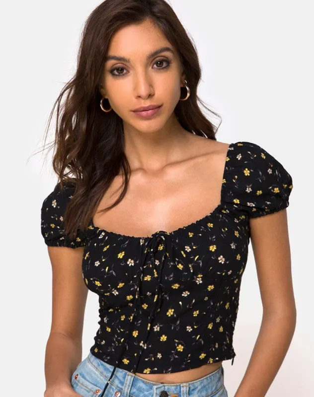 Mazu Top in Pretty Petal Black sold by Motel Rocks