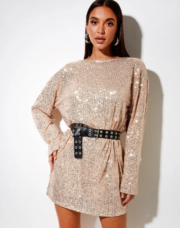 Liama Dress in Drape Sequin Light Gold sold by Motel Rocks