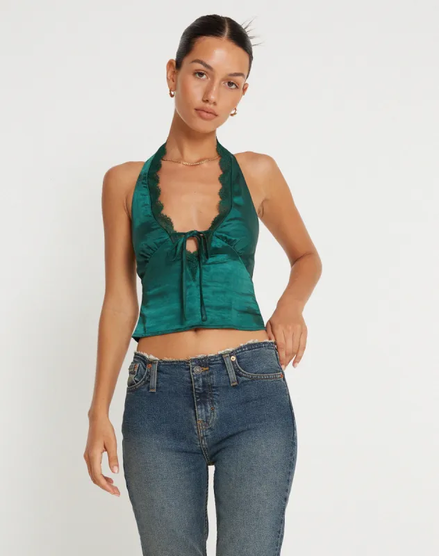 Mutsuki Halterneck Top in Satin Forest Green made by Motel Rocks