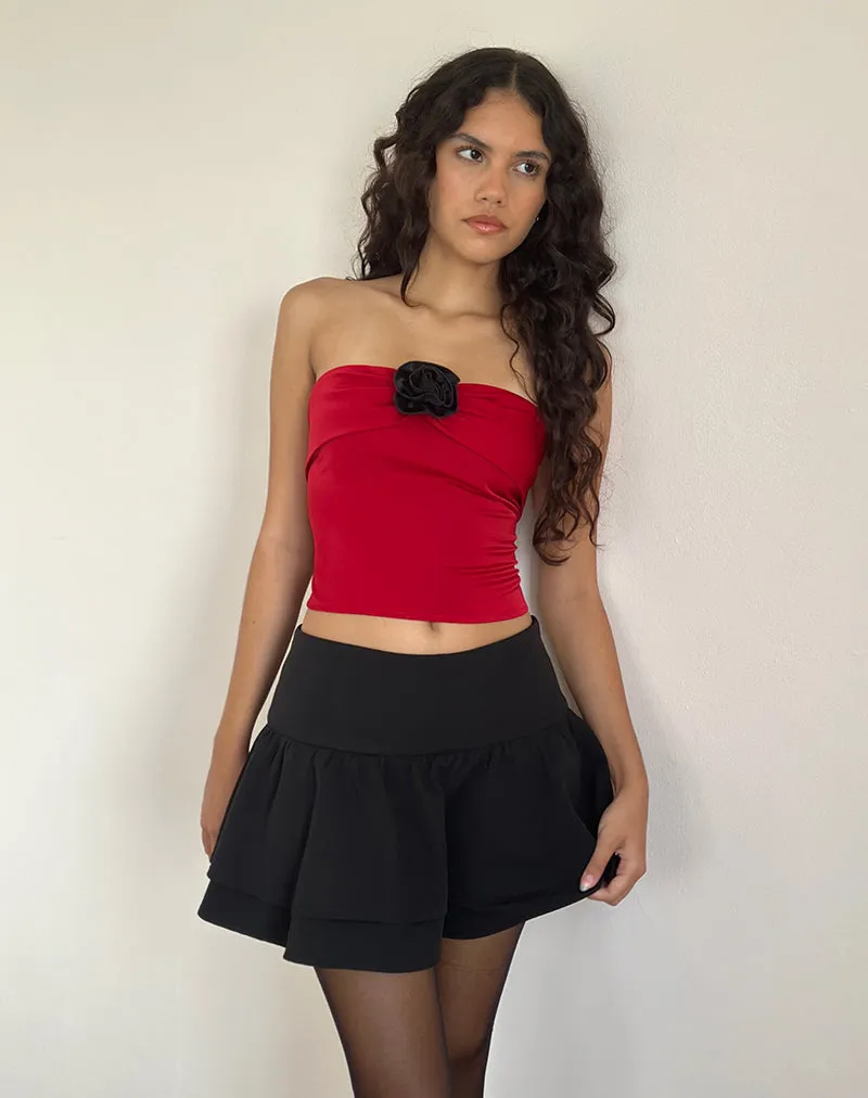 Astrum Satin Bandeau Top in Red with Black Rose sold by Motel Rocks