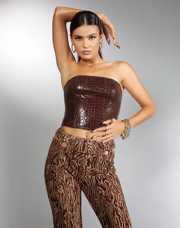 Dena Top in Croc PU Dark Brown sold by Motel Rocks