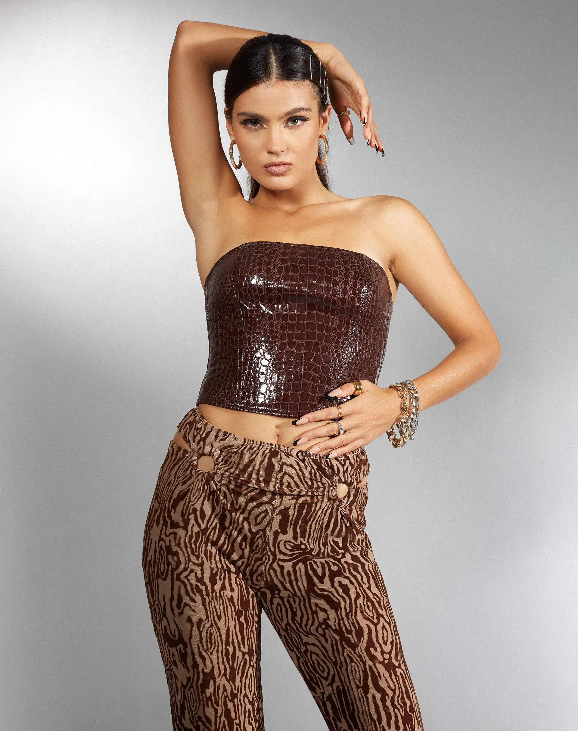 Dena Top in Croc PU Dark Brown sold by Motel Rocks