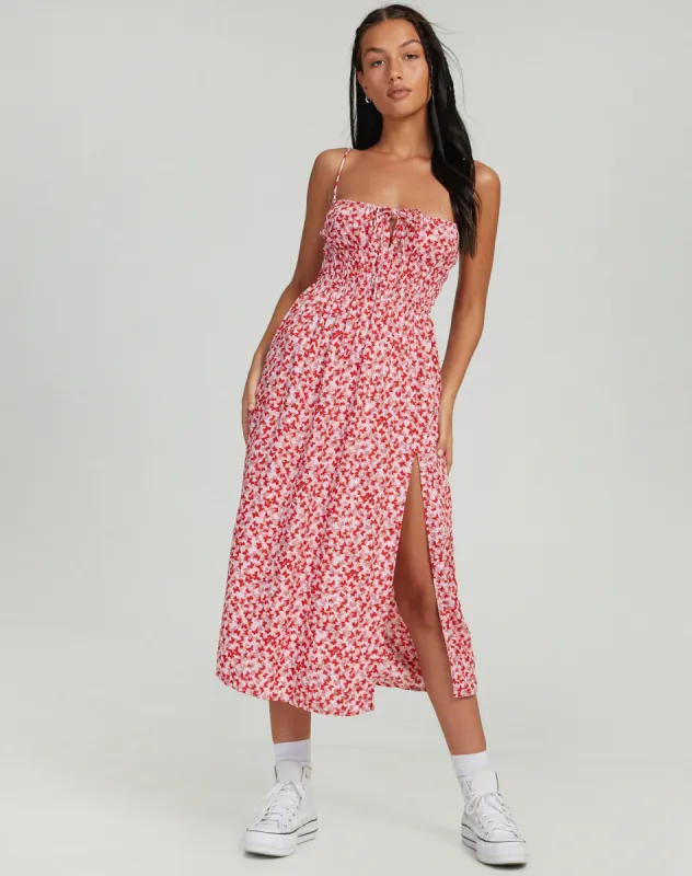 Jeyro Midi Dress in Ditsy Butterfly Peach and Red sold by Motel Rocks