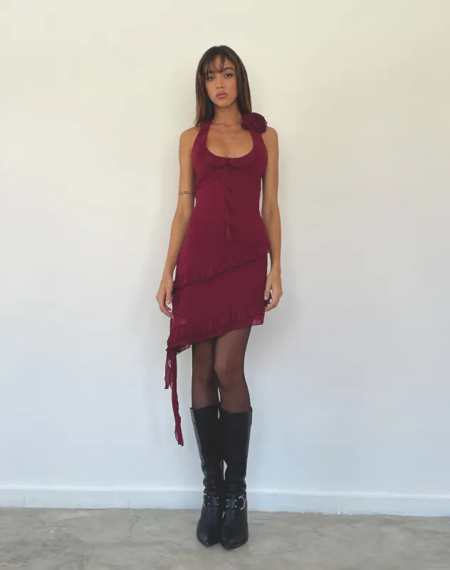 Margaret Ruffle Mini Dress in Plum Chiffon with Rosette sold by Motel Rocks