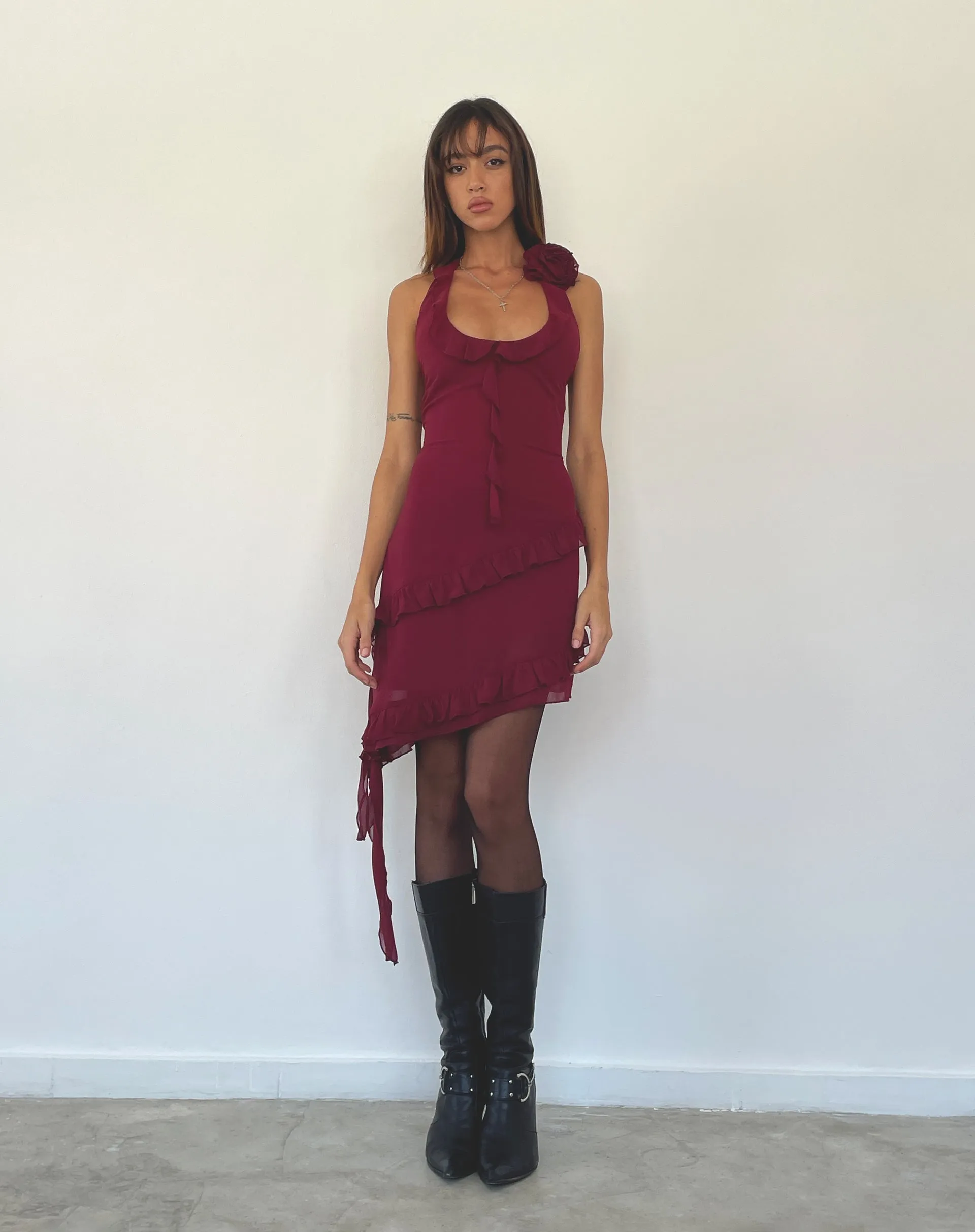 margaret ruffle mini dress in black chiffon with rosette Black Chiffon with Rosette Mini Ruffle Dress main image 1
