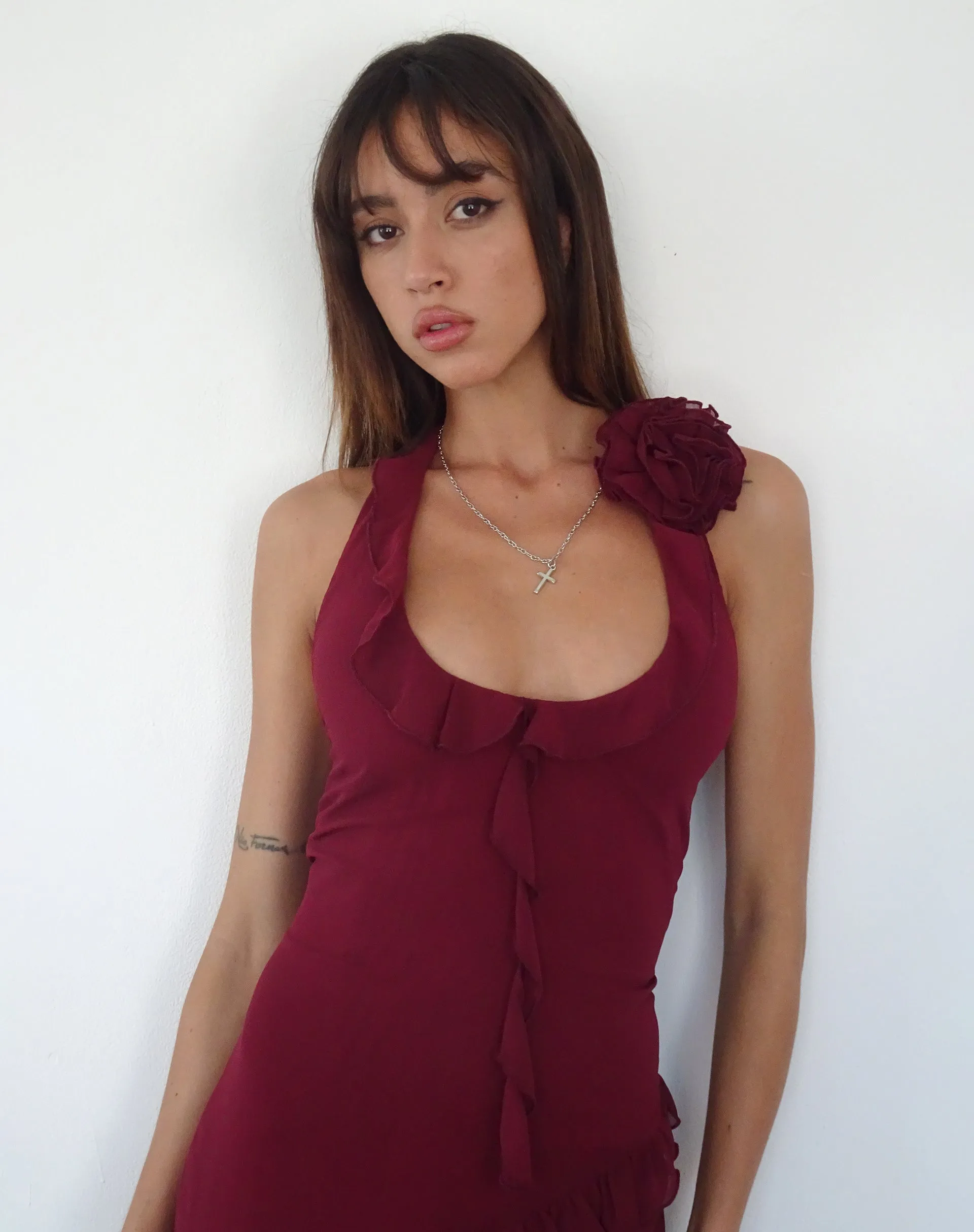 margaret ruffle mini dress in black chiffon with rosette Black Chiffon with Rosette Mini Ruffle Dress main image 1