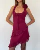 Margaret Ruffle Mini Dress in Plum Chiffon with Rosette sold by Motel Rocks