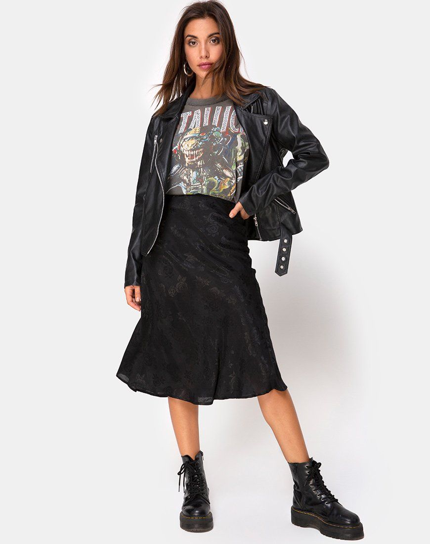 Tauri Midi Skirt in Satin Rose Black sold by Motel Rocks