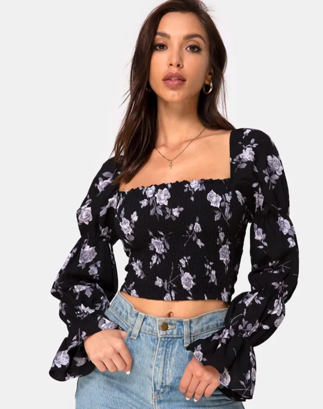 Velina Top in White Rose Black sold by Motel Rocks