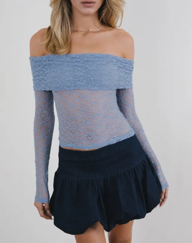 Nesta Bardot Top in Unlined Lace Blue sold by Motel Rocks