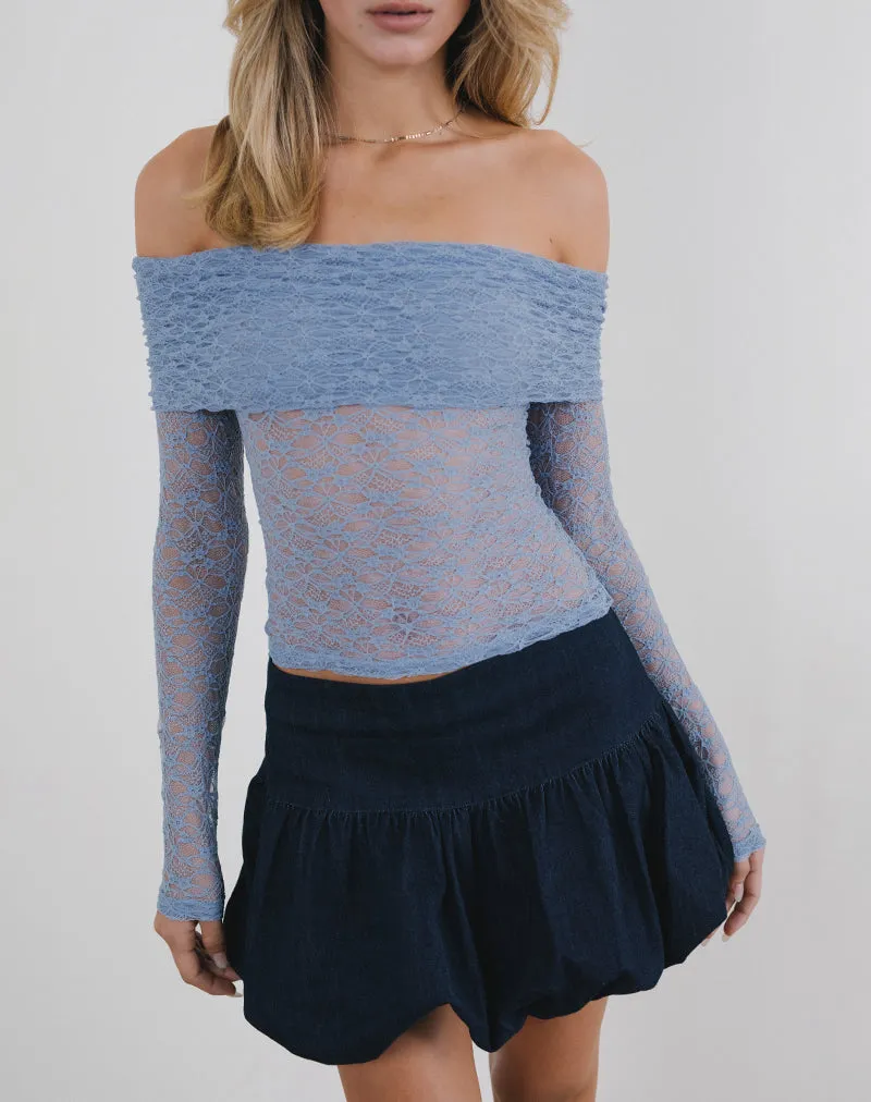 Nesta Bardot Top in Unlined Lace Blue sold by Motel Rocks