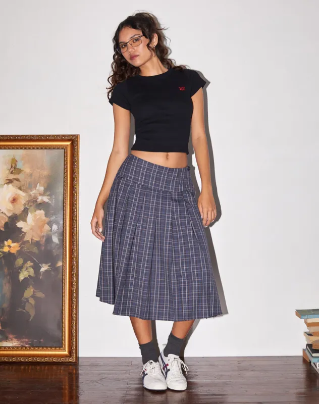 Catelyn Pleated Midi Skirt in Navy Check sold by Motel Rocks