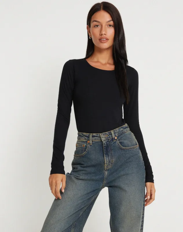 Abra Long Sleeve Bodysuit in Black sold by Motel Rocks