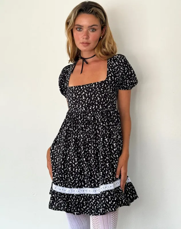 Beling Mini Tea Dress in Black Ditsy Romance sold by Motel Rocks
