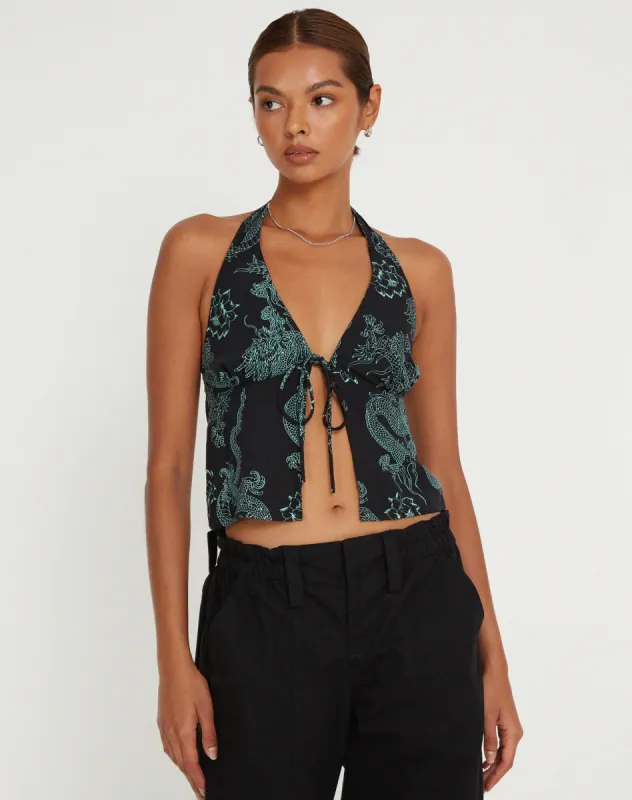 Roula Halter Top in Dragon Flower Black Mint sold by Motel Rocks