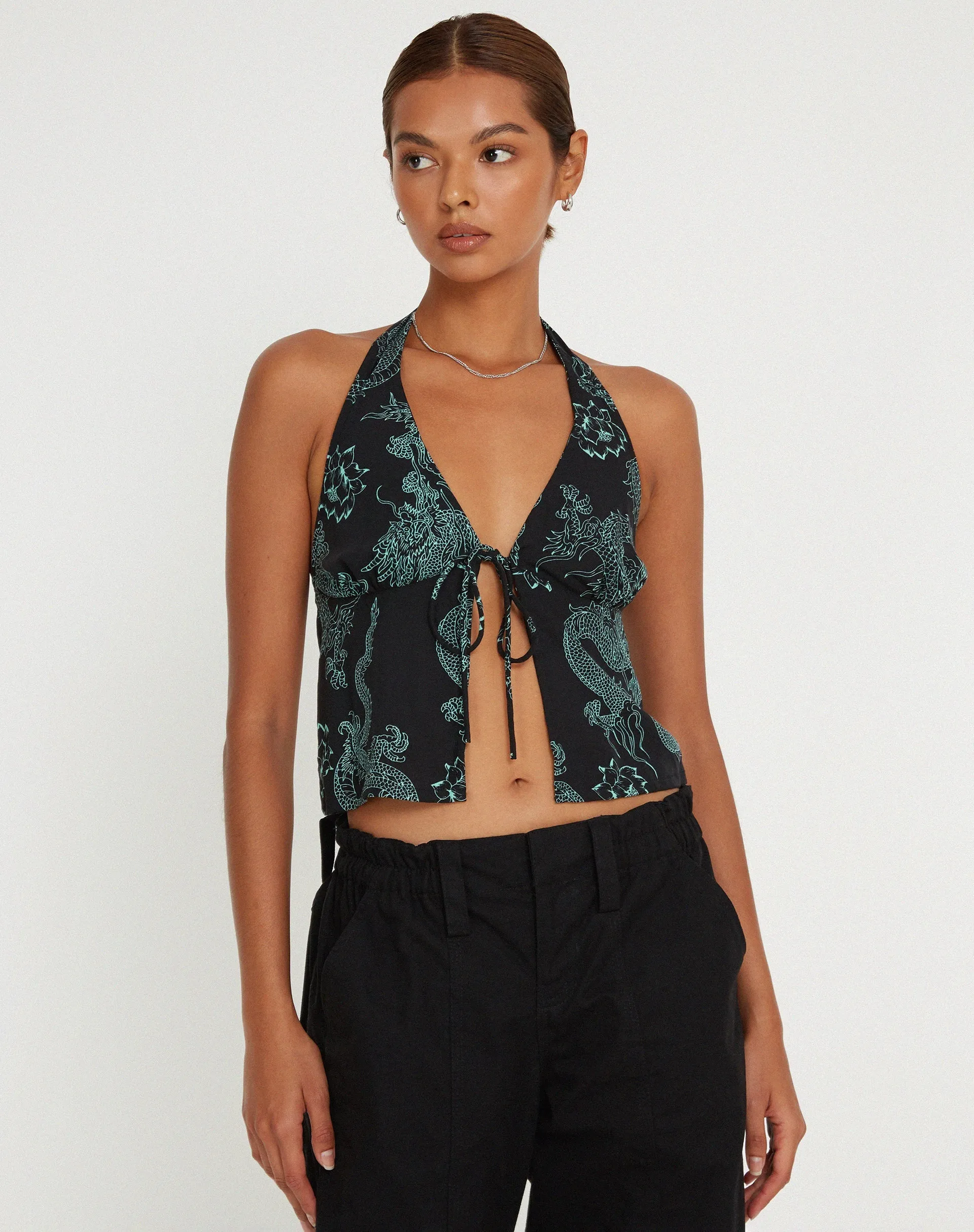 Roula Halter Top in Dragon Flower Black Mint sold by Motel Rocks